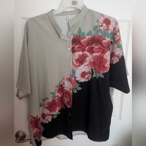 Diagonal Floral Button-Up Blouse with Mandarin Collar